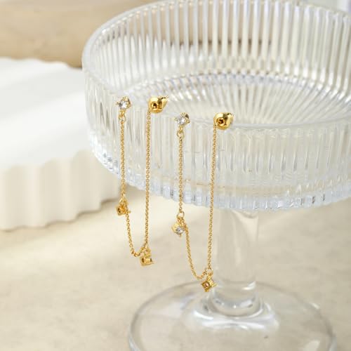 Chunky Hoop Huggie Dangle Tassel Pearl Bow Heart Charm Stud Cilp-on Earrings for Women, 14K Gold plated/Sterling Silver Plated CZ Large Jewelry Vintage Dainty Trendy Gift Daily Prom Party - style: 3CZ Tassel-GD