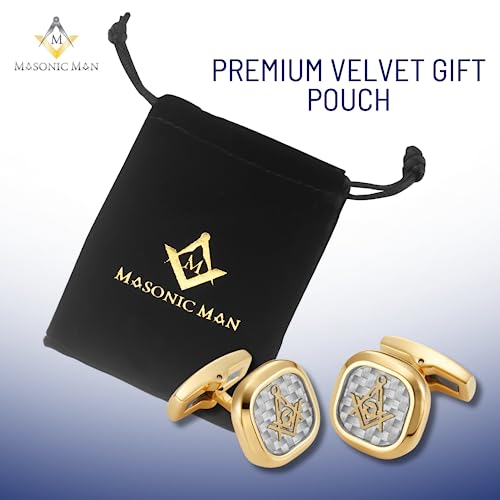 MasonicMan Men’s Two Tone Stainless Steel Cufflinks with Carbon Fiber and Masonic Logo and Gift Pouch