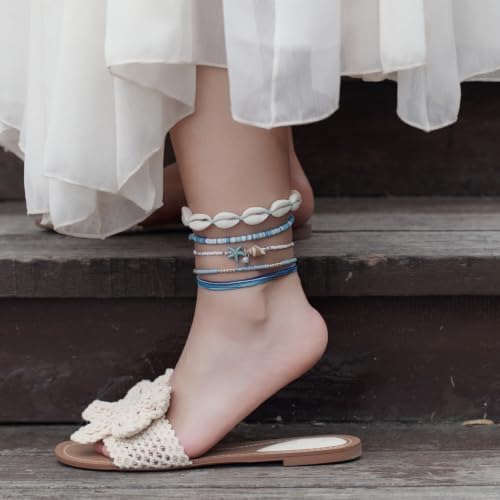 Beaded Anklet Bracelets For Women Waterproof Gold Anklets Jewelry Set Stack | non tarnish free pearl puka seashell beach boho stretchy anklet for summer dainty and tewiky gold plated - color: Blue Jewelry