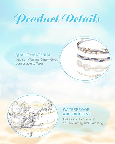 Hicarer 21 PC Surfer Wave Friendship Bracelet Set Waterproof Adjustable Boho Beach String Anklets Bulk, Summer Gift for Women - style: Beige Series