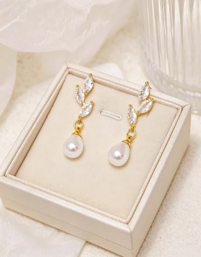Pearl Earrings for Women Trendy, 14k Gold Plated Freshwater CZ Leaf Pearl Dangle Drop Gold Earrings Lightweight Hypoallergenic Stud Earring Bridesmaid Wedding Gold Jewelry for Women Gifts - style: leaf pearl dangle earrings