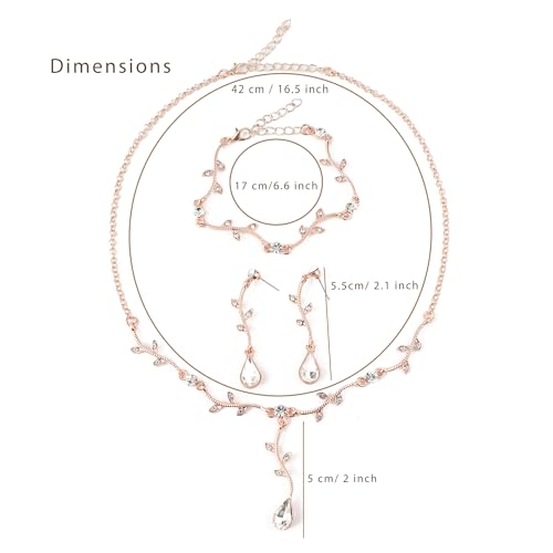 Hapibuy Crystal Bridal Wedding Jewelry Necklace Earrings Bracelet Set Rhinestone Choker Necklace For Brides Bridesmaid Women Party Acessory - color: Rose Gold