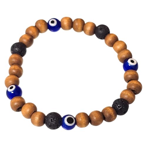 BlueRica Handcrafted Evil Eye Protection Stretch Bracelet with Wooden Beads & Lava Stones (Natural & Blue Evil Eyes)