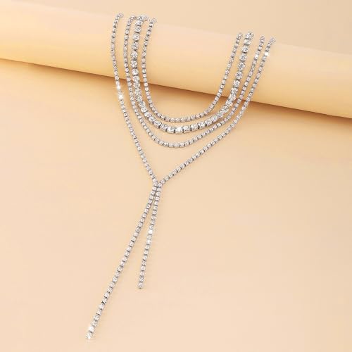 Layered Wedding Choker Rhinestone Necklace Sparkly Long Crystal Neck Chain for Women - color: Silver