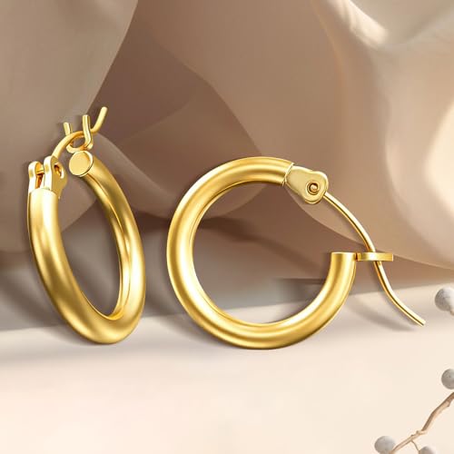 2mm Gold Earrings | Post Hoops Earrings For Women,Hollow Tube Hoops Earrings, Thick Gold Hoop Earrings, Hypoallergenic Lightweight Gold Hoop, Large Earrings 17/19//22/24MM - size: 24mm