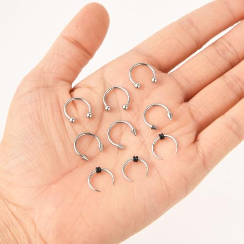 Yolev 9Pcs septum Rings Septum Jewelry 16g 18g Septum Ring Septum Piercing 20g Horseshoe Earring Hoop Stainless Steel Nose Ring Hoop Nose Piercing Jewelry for Women and Men - color: silver