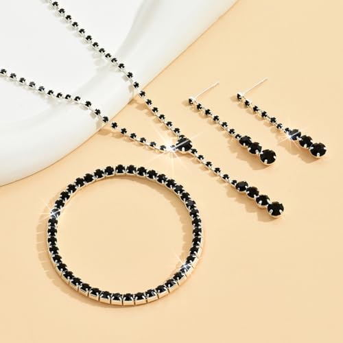 MIFYNN Rhinestone Wedding Set for Women Sparkle Crystal Earrings Necklace Bracelet Jewelry Set Wedding Party Prom Jewelry Set for Brides Bridesmaid - color: Black