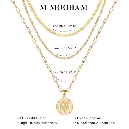 M MOOHAM Layered Gold Necklaces Stack for Women No Tarnish | 14K Gold Plated, Stackable Pendant Necklace Set, Snake Rope Cuban Paperclip Chain, CZ Coin Pendant, Dainty Jewelry Gifts - color: 3 Layered Snake Rope Coin Medallion Pendant-Gold