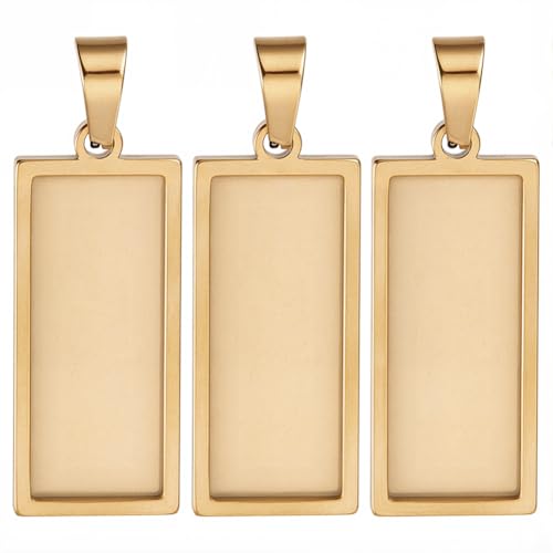 1 Box 10Pcs Stainless Steel Rectangle Pendant Tray Bezel Tray Blanks 31x13mm Gold Charms Pendant Base Cabochon Bezel Blank for Jewelry Making Resin Photo Craft Necklace Bracelets Adults - style: gold rectangle