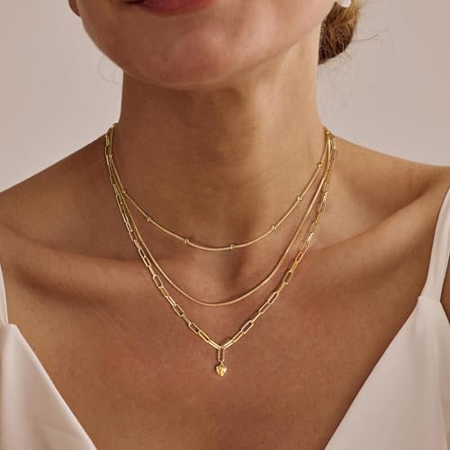 Dainty Layered Necklaces for Women,14k Gold Plated CZ Choker Necklace Stack | 14K Gold Plated Necklace set,Non Tarnish Hypoallergenic Beaded Paperclip Chain Necklace Stack Women's Minimalist Jewelry Gift - color: Gold-5