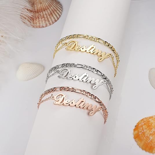 Custom Ankle for Women for Women 18K Gold Plated Adjustable Name Anklet Customized Beach Anklet Gifts - color: Name Anklet with Figaro Chain