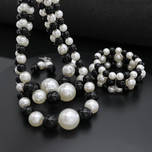 We We Imitation Pearl Necklace for Women Large Chunky Pearl Necklaces Multilayer Pearl Necklace and Earring 1920s Costume Jewelry set - color: Black white pearl necklace set