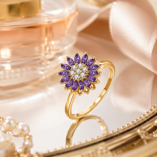 Sunflower Fidget Ring for Women Gold Anxiety Crystal Rings Cubic Zirconia Sunflower Open Adjustable Fidget Ring Spinner Sun Ring for Men Trendy Jewelry - color: Gold Purple