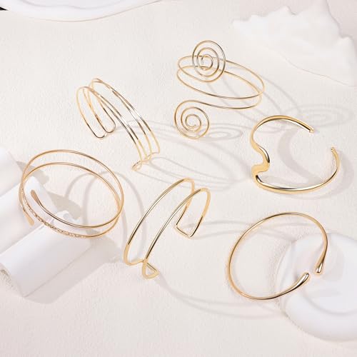 6 Pieces Upper Arm Cuff Arm Band Cuff Bangle Bracelet for Women Hammered Chunky Bracelets Open Wide Wire Bracelets Minimalist Coil Bangle Set Gold Sliver Wrist Cuff Wrap Bracelet Adjustable - color: Gold Cuff Bracelets C