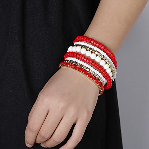 LUREME Boho Multi Strand Stackable Stretch Bracelet Set Wooden Cube Alloy Bead Bangle bl003172 - color: Red