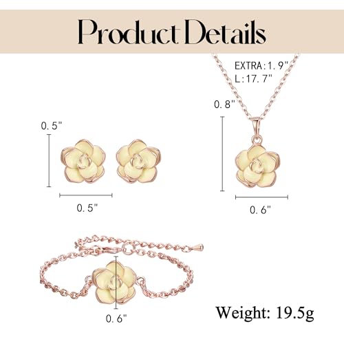 EleQueen Rose Flower Necklace Earrings Bracelet Set for Women - color: Light Yellow-Rose Gold