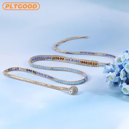Boho 5 Wrap Bead Bracelet for Men Women - Handmade Adjustable Natural Chakras Stone Crystal Beaded Bracelets Cuff Rope Yoga Healing Bracelet Bangle Hippie Jewelry - color: Blue
