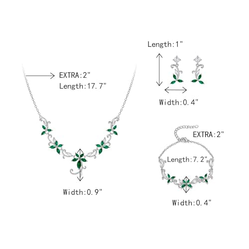 Crysdue Flower Leaf Wedding Jewelry Set for Bridal Bridemaid, Cubic Zirconia Teardrop Elegant Silver/14K/Rose Gold Plated Vine Necklace Dangle Earrings for Prom Party - style: B_Three Set Green