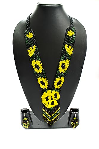 Long Beaded Necklace – Boho Native Handmade Seed Bead Tassel Necklace, Bohemian Large Statement Beaded Necklace for Women - color: Black/Yellow