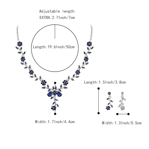 Women's Wedding Jewelry Set for Bride,Prom Bridal Accessories | Bling Crystal,Flower Leaf Cluster,Dangle Earrings Pendant Necklace Set,for Bridesmaid,Party Jewellery - color: 18-Navy Blue Silver-Tone