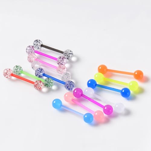 FORUBUS Colorful Tongue Rings Nipple Rings for Women Body Piercing Jewelry 14G 16mm Pierced Barbells Body Jewelry 50Pcs/30Pcs/20Pcs Pack - color: E-16pcs glow
