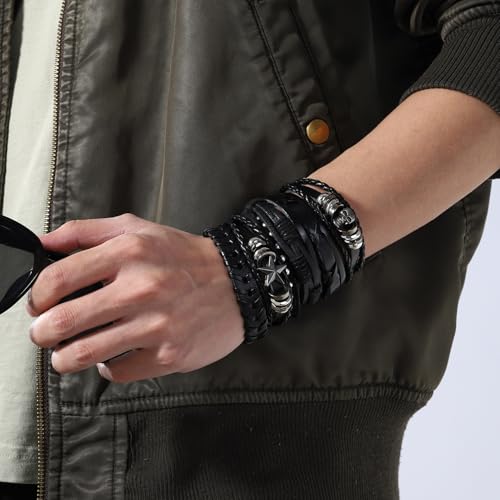 MILAKOO 6Pcs Punk Leather Bracelets for Women Men Braided PU Wristband Skull Skeleton Accessories - color: G: Black