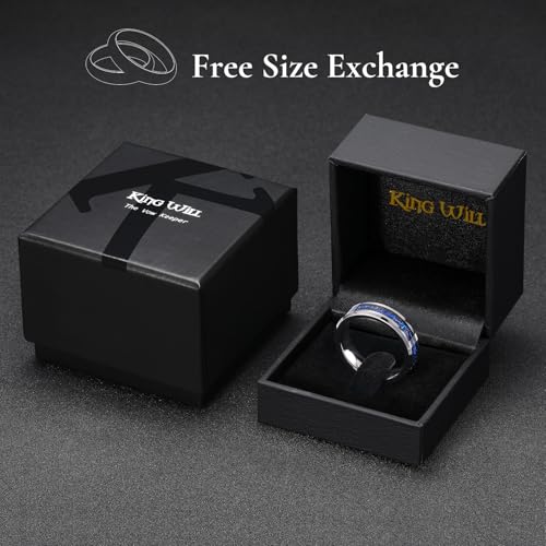 King Will Mens Wedding Band with Foils Inlay, Black/Silver/Gold Beveled Edge Glowstone Ring, 6mm/8mm Tungsten Carbide Rings Comfort Fit - color: Silver&Blue-6mm