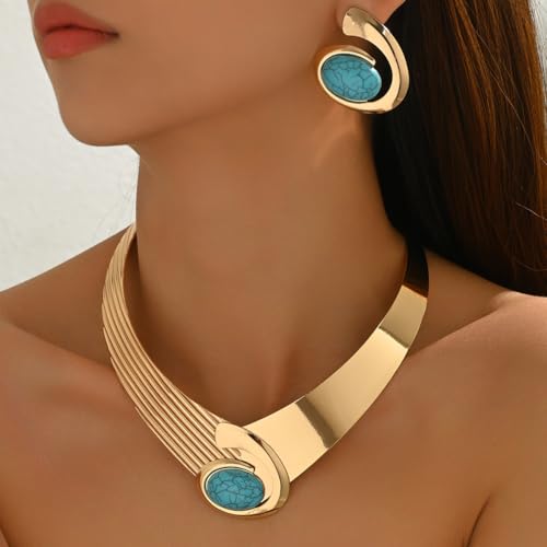 Gold Jewelry Set Vintage Spiral With Oval Black Acrylic Pendant Necklace Earrings Bracelet Ring Set Bohemian Trendy Party Jewelry For Women - style: B