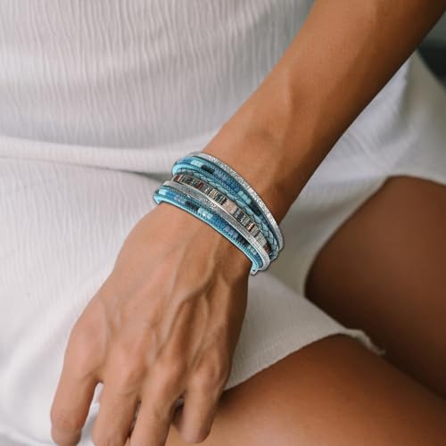 Women's Multi Layer Leather Wrap Bracelet String Bracelets for Women, Boho Braid Multi-Layer Crystal Beads Cuff Women Bracelet Jewelry - color: Light Blue