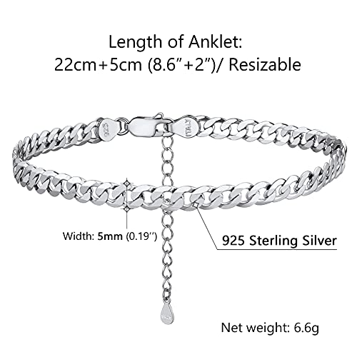 PROSILVER 925 Sterling Silver Ankle Bracelets For Women, Stylish Chain Anklets, Summer Beach Jewelry, 8.6-10.6 Inch Adjustable, Come with Box - style: 02 Cuban Anklet-5mm