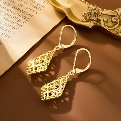 BOUTIQUELOVIN Filigree Dangle Earrings for Women Drop Earings | 14K Gold Plated Geometric Dangling Leverback Earrings Silver Hypoallergenic Dangly Earings Lightweight Daily Jewelry Gifts - color: A-14K Gold