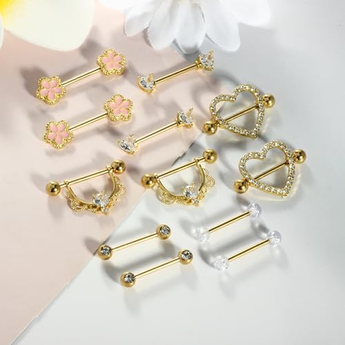 TIANCI FBYJS 6 Pairs Nipple Rings Stainless Steel Heart Butterfly Moon Flower CZ Stud Barbell Tongue Rings Set Cute Nipplerings Piercing Jewelry for Women Pink Tone - color: gold color