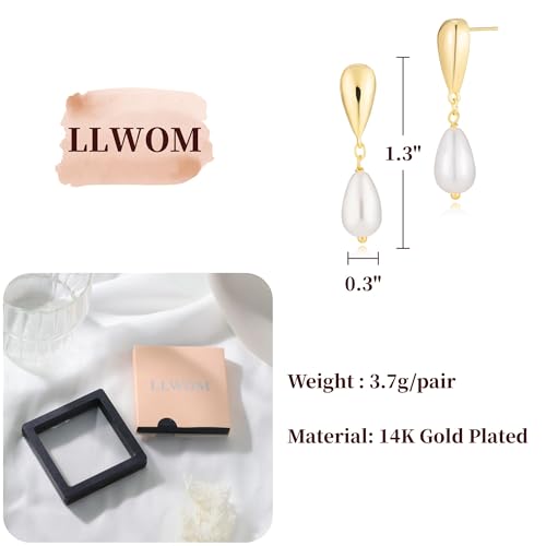 LLWOM Earrings for Women - 14K Gold Plated CZ Teardrop Dangle Earrings | Dangling Earrings for Women Trendy, Hypoallergenic Jewelry Gift for Wedding/Party/Prom/Daily, Elegant Drop Earring Stud - color: Gold Pearl Teardrop