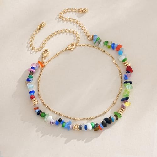 Ankle Bracelet for Women Natural Stone Colorful Beaded Boho Layered Anklet 14K Gold Plated Adjustable Beads Chain 2Pcs Anklets Set Handmade Summer Beach Jewelry - color: Irregular Chips
