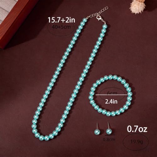 FORUBUS Imitation Pearl Jewelry Set for Women, 8mm Pearl Bead Necklace Earrings and Bracelet 3-Piece Set, 18" Round Faux Pearl Strand for Wedding, Bridal, Prom - color: Blue