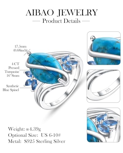 AIBAO Marquise Turquoise/Malachite Engagement Wedding Rings for Women | Sterling Silver Turquoise/ Malachite Statement Rings for Women Size 6 to 10 Western Jewelry - style: Blue Turquoise