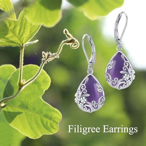 Black Onyx Earrings 925 Sterling Silver Black Onyx Dangle Drop Earrings Filigree Jewelry Gift for Women Girls - style: Amethyst