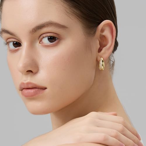 18K Gold Plated Huggie Hoop Earrings for Women, 925 Sterling Silver Post, Hypoallergenic Small Earrings - color: Dome Pavé Huggies
