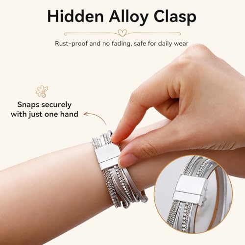 Vercret Leather Wrap Bracelet for Women, Multi-Layer Cuff Bangle | Boho Stacked Bracelets with Safe Clasp Western Bangle Jewelry Gift for Lady and Mom Sister Friend - style: Sliver