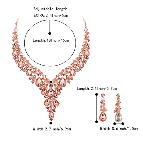 Wedding Bridal Necklace Earrings Jewelry Set for Women | Gorgeous Austrian Crystal Teardrop Flower Cluster for Bridal Bride Bridesmaid - color: 2Pcs-Peach Rose-Gold-Tone