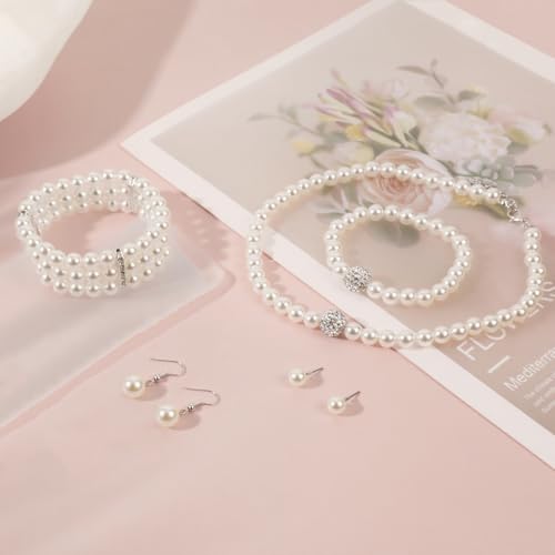 Pearl Jewelry Set for Women Faux Pearl Costume Jewelry Set with Necklace, Bracelets, Ring, Earrings for Wedding Bridal Birthday Tea Party - color: 5Pcs White