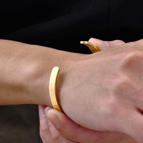 Stainless Steel Mens Cuff Bracelet : Minimal Cool Silver/Black/Gold Plated Open Metal Cuff Bangle Bracelets for Men,Mens Bracelet Jewelry Gift - color: Gold Plated-2-Pack, size: Medium( fit 5.5"-7.2" wrist)
