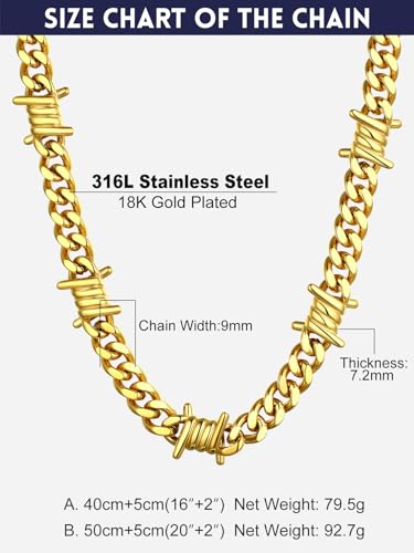 Bandmax Stainless Steel Barbed Wire Cuban Chain Necklace for Men & Women | Edgy Fierce Design, Waterproof & Tarnish Resistant, Silver/Black Tone, 5/7/9/12MM, 16-22 Inches, Street Punk Style Jewelry - color: A3 9MM-Gold, size: 20 Inch (51cm)