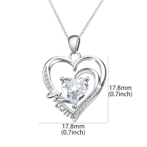 Sterling Silver Mom Heart Pendant Necklace for Women- Classic Adjustable Double Love Heart-Shaped Charm Necklace Hypoallergenic Cubic Zirconia Fashion Jewelry Gifts for Wife Mother