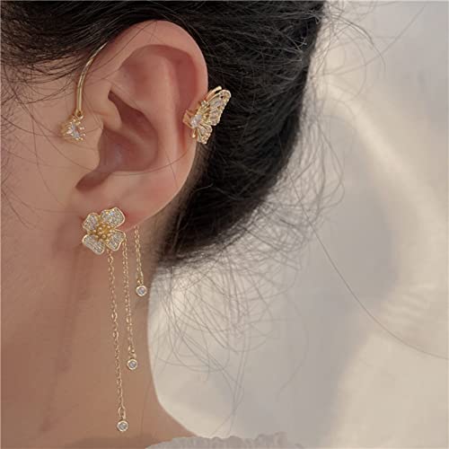 2 Pairs Dainty Silver Butterfly Ear Cuffs & Wraps for Women Non Piercing Bling Butterfly Tassel Style Zircon Earrings Ear Clips Bridal Wedding Jewelry - color: Gold