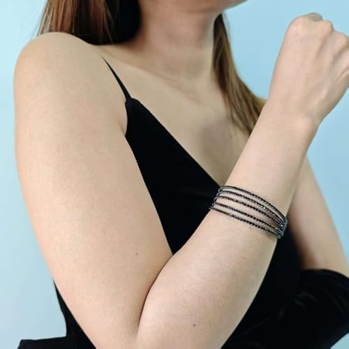 Black Rhinestone Cuff Bracelet for Women Layered Crystal Bridal Jewelry | Adjustable, Open Arm Cuff, Multilayer, Bangle Bracelets, Hypoallergenic, Lightweight, for Prom Cocktail Party Wedding Dating