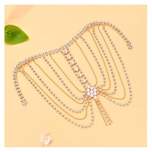 Mulit-layered Pearl Shoulder Chain Jewelry Festival Rave Rhinestone Bra Chain Sexy Bridal Wedding Crystal Arm Chain Jewelry for Women - color: Gold