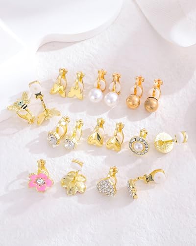 18 Pairs Clip on Earrings for Women Teens Girls | Hypoallergenic Non Pierced Cute Clip on Earrings Set Faux Pearl Heart Flower Love Knot Clip Stud Earrings Jewelry Gifts