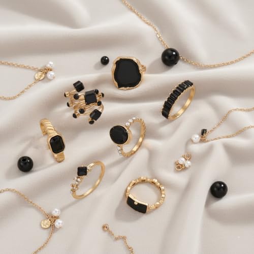 Chunky Gold Rings for Women Non Tarnish, Baroque Pearl Flower Tiger's Eye Stone Rings Adjustable Stacking Statement Rings Set Fashion Jewelry Gifts - style: All Black Set