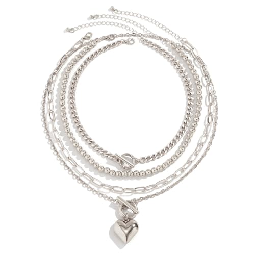 CSIYANJRY99 Layered Gold Necklaces for Women Chunky Gold Necklace Stack Layered Cuban Paperclip Snake Chain Necklace Retro Coin Dainty Pendant Toggle Clasp Necklace - style: Silver Beaded Heart